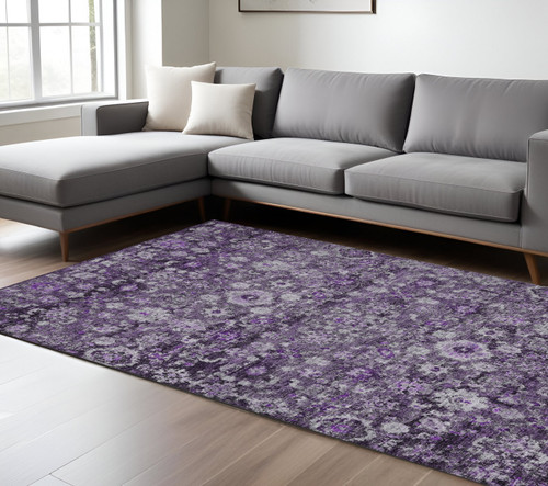 10' X 14' Purple Lilac And Lavender Oriental Washable Indoor Outdoor Area Rug