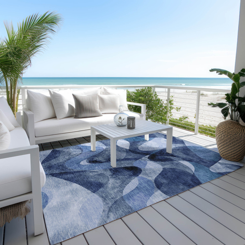 9' X 12' Navy Blue Abstract Washable Non Skid Indoor Outdoor Area Rug