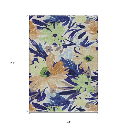 9' X 12' Navy Blue And Beige Floral Washable Indoor Outdoor Area Rug