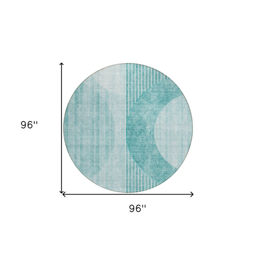 8' Teal Blue And Aqua Round Geometric Washable Indoor Outdoor Area Rug