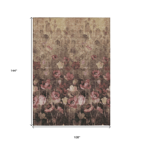 9' X 12' Taupe Brown And Pink Floral Washable Indoor Outdoor Area Rug