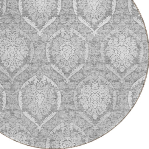 8' Gray And Silver Round Medallion Washable Indoor Outdoor Area Rug