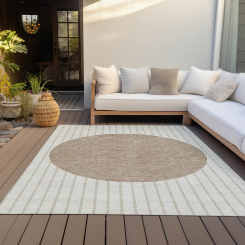 9' X 12' Ivory And Brown Striped Washable Indoor Outdoor Area Rug