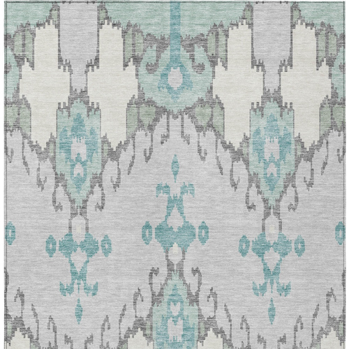 9' X 12' Mint Green Teal Blue And Ivory Ikat Washable Indoor Outdoor Area Rug