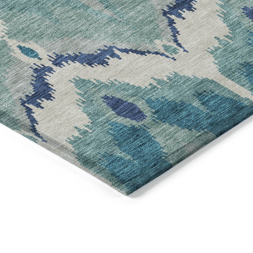 9' X 12' Teal Blue Navy Blue And Ivory Ikat Washable Indoor Outdoor Area Rug