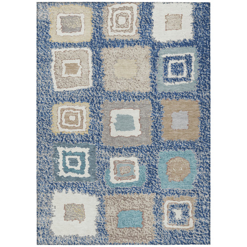 9' X 12' Navy Blue Beige And Ivory Geometric Washable Indoor Outdoor Area Rug