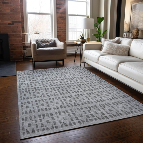 9' X 12' Gray And Ivory Geometric Washable Indoor Outdoor Area Rug