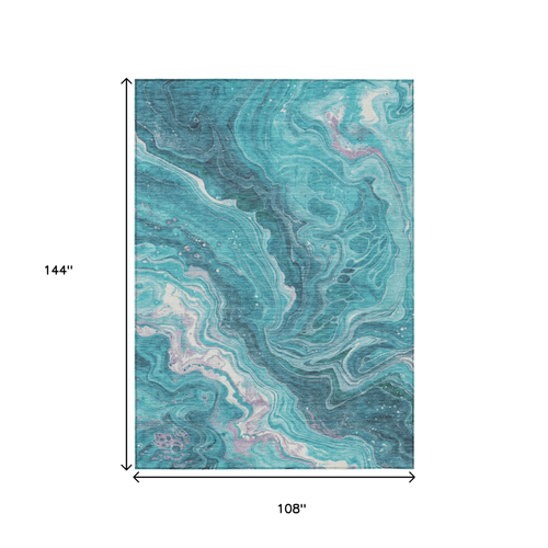 9' X 12' Teal Blue Gray And Ivory Abstract Washable Indoor Outdoor Area Rug