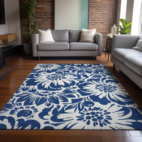 10' X 14' Navy and Ivory Floral Washable Non Skid Indoor Outdoor Area Rug