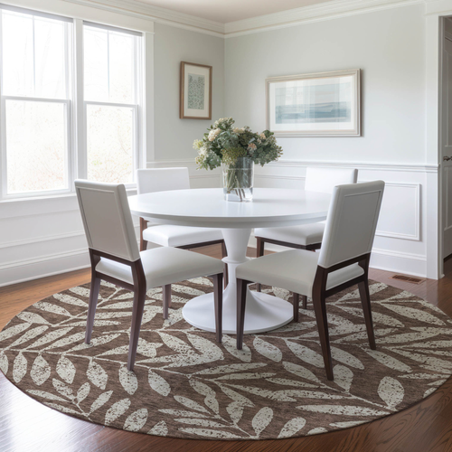 8' Brown And Beige Round Floral Washable Indoor Outdoor Area Rug