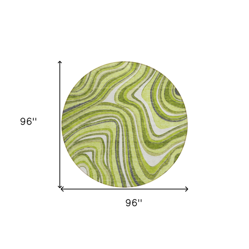 8' Lime Green And Charcoal Round Abstract Washable Indoor Outdoor Area Rug