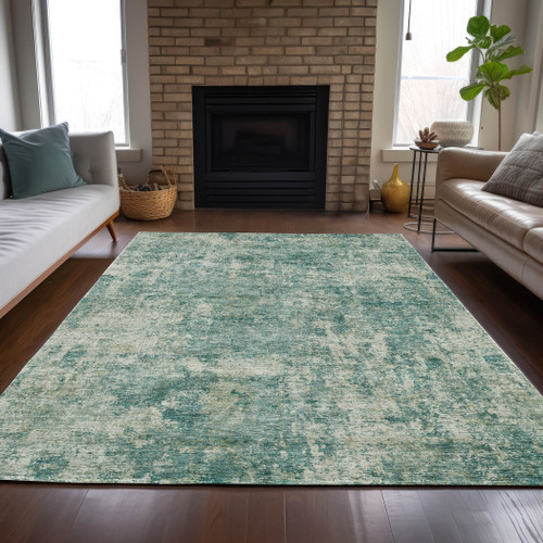 9' X 12' Teal Blue And Beige Abstract Washable Indoor Outdoor Area Rug - Teal Blue, Beige