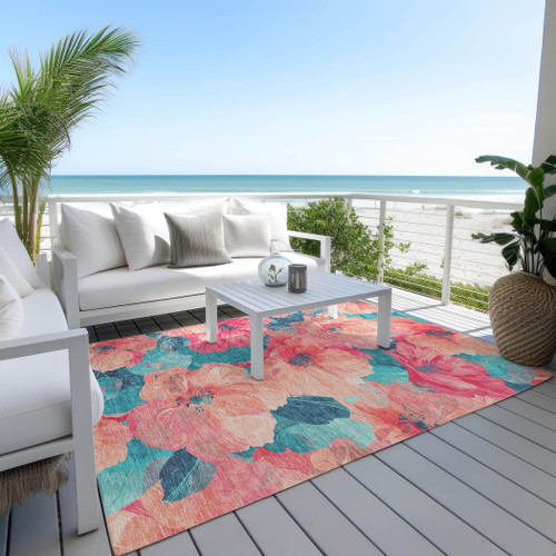 10' X 14' Salmon And Teal Blue Floral Washable Indoor Outdoor Area Rug