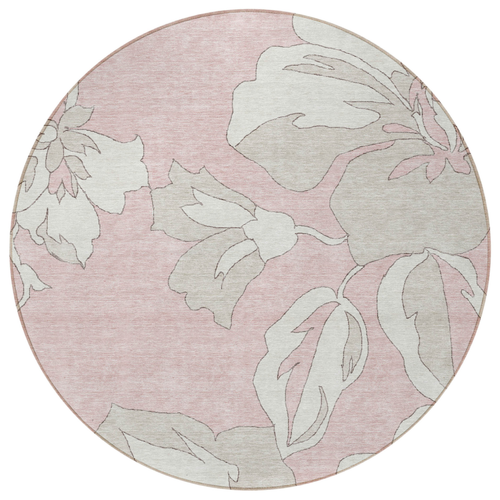 8' Pink Ivory And Beige Round Floral Washable Indoor Outdoor Area Rug