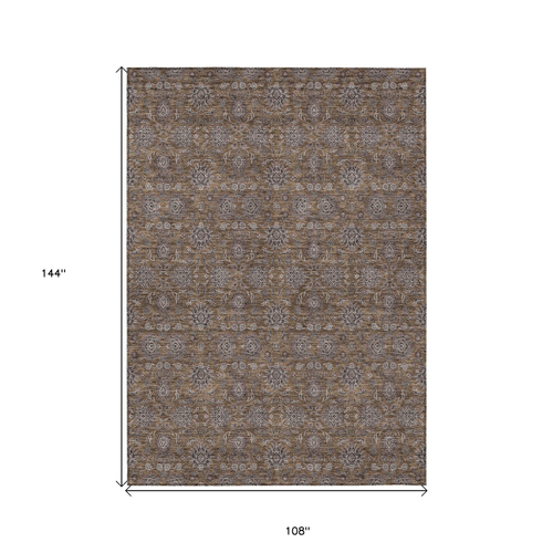 9' X 12' Chocolate And Gray Floral Washable Indoor Outdoor Area Rug