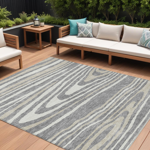 9' X 12' Gray Ivory And Beige Faux Bois Washable Indoor Outdoor Area Rug