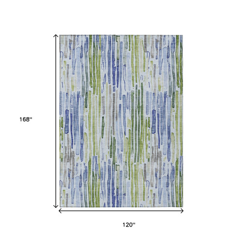 10' X 14' Sky Blue And Fern Green Striped Washable Indoor Outdoor Area Rug