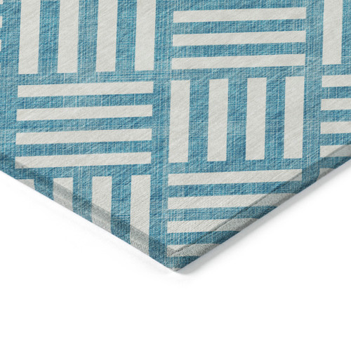 9' X 12' Teal Blue And Ivory Geometric Washable Indoor Outdoor Area Rug