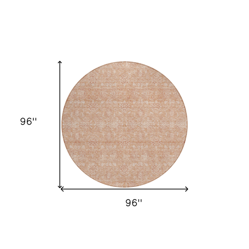 8' Copper And Beige Round Floral Washable Indoor Outdoor Area Rug
