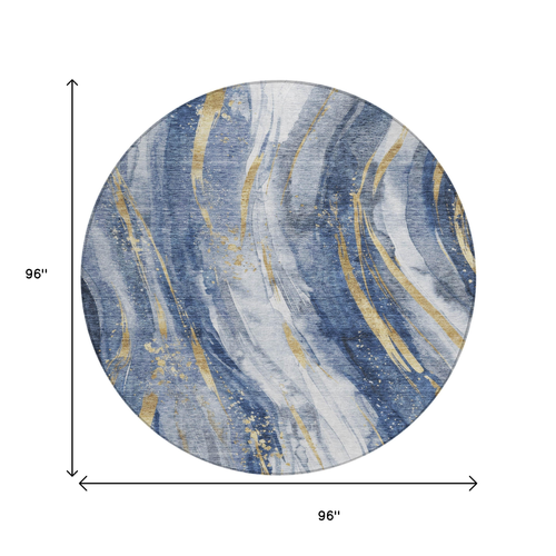 8' Blue Gold And Ivory Round Abstract Washable Indoor Outdoor Area Rug