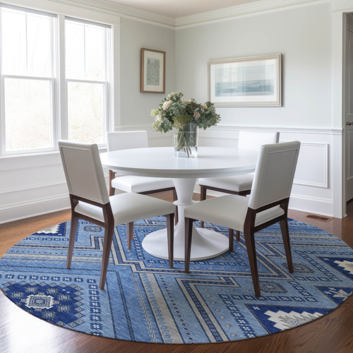 8' Blue Gray And Ivory Round Tribal Washable Indoor Outdoor Area Rug