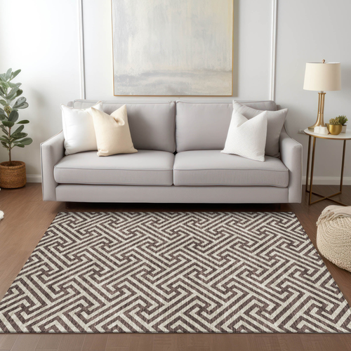 9' X 12' Brown And Beige Geometric Washable Indoor Outdoor Area Rug