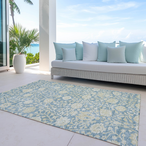 8' X 10' Sky Blue And Beige Floral Washable Indoor Outdoor Area Rug