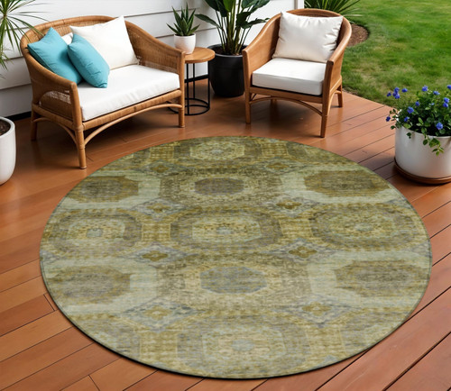 8' Gold And Beige Round Medallion Washable Indoor Outdoor Area Rug