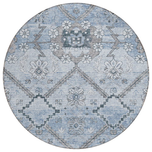 8' Sky Blue And Denim Blue Round Floral Washable Indoor Outdoor Area Rug
