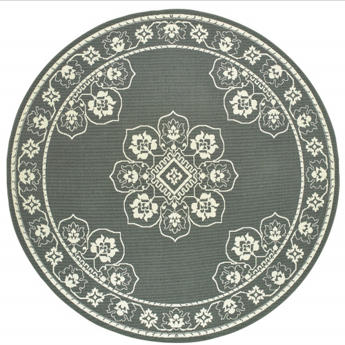 Homeroots Outdoor 8' Round Grey Oriental Stain Resistant Indoor Outdoor Area Rug