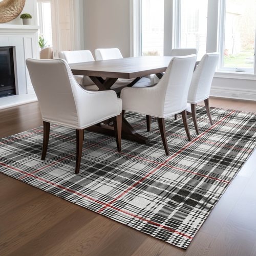 9' X 12' Black Ivory And Red Plaid Washable Indoor Outdoor Area Rug