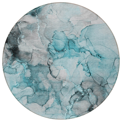 8' Round Teal Round Abstract Washable Non Skid Indoor Outdoor Area Rug Transitional Style - Teal Blue Color