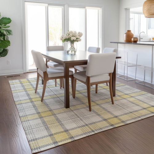 10' X 14' Yellow And Gray Plaid Washable Indoor Outdoor Area Rug