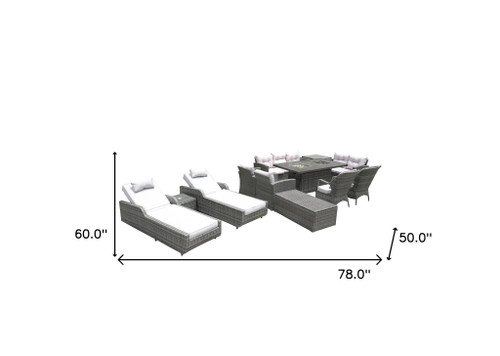 Twelve Piece Outdoor Gray Wicker Multiple Chairs Seating Group Fire Pit Included with White Cushions