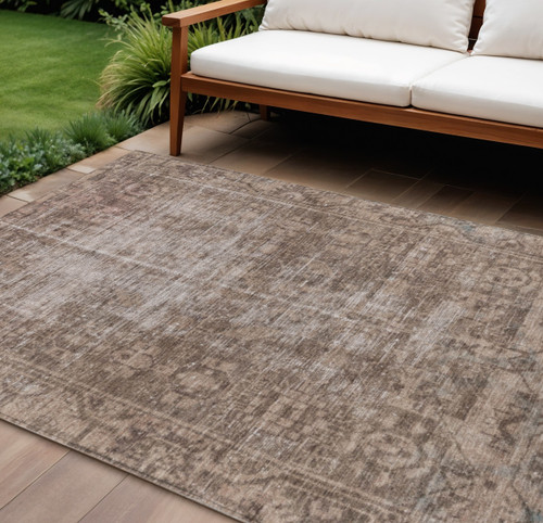 10' X 14' Brown Oriental Washable Indoor Outdoor Area Rug