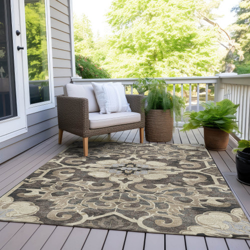 8' X 10' Chocolate And Taupe Damask Washable Indoor Outdoor Area Rug