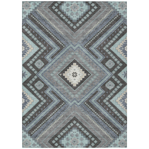 9' X 12' Pewter Charcoal And Sky Blue Tribal Washable Indoor Outdoor Area Rug