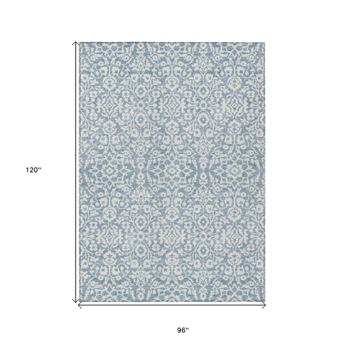 8' X 10' Denim Blue And Ivory Damask Washable Indoor Outdoor Area Rug