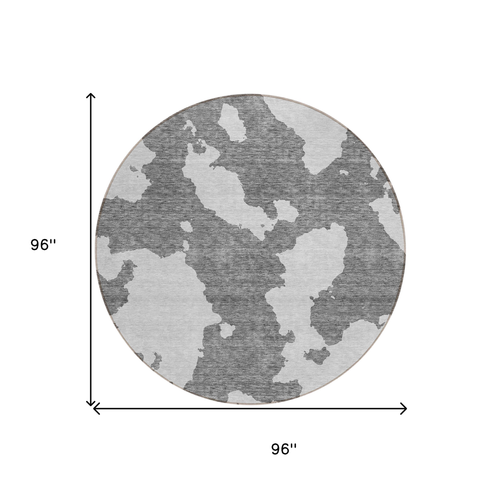 8' Gray And Ivory Round Abstract Washable Indoor Outdoor Area Rug