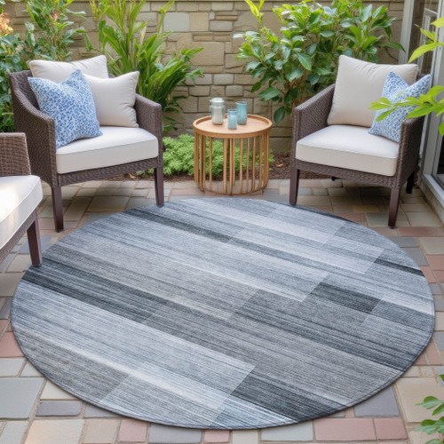 8' Denim Blue And Ivory Round Striped Washable Indoor Outdoor Area Rug - Denim Blue, Ivory