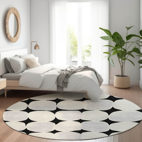 8' Black Gray And Ivory Round Abstract Washable Indoor Outdoor Area Rug