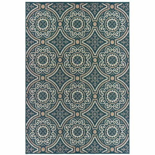5' X 7' Blue Geometric Stain Resistant Indoor Outdoor Area Rug