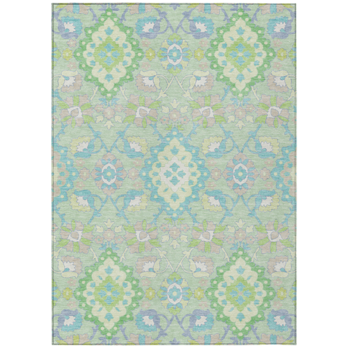10' X 14' Mint Green Blue And Ivory Oriental Washable Indoor Outdoor Area Rug
