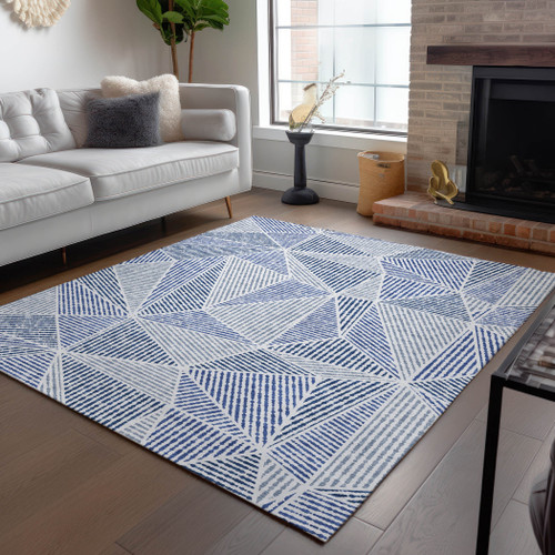 8' X 10' Navy Blue And Denim Blue Geometric Washable Indoor Outdoor Area Rug