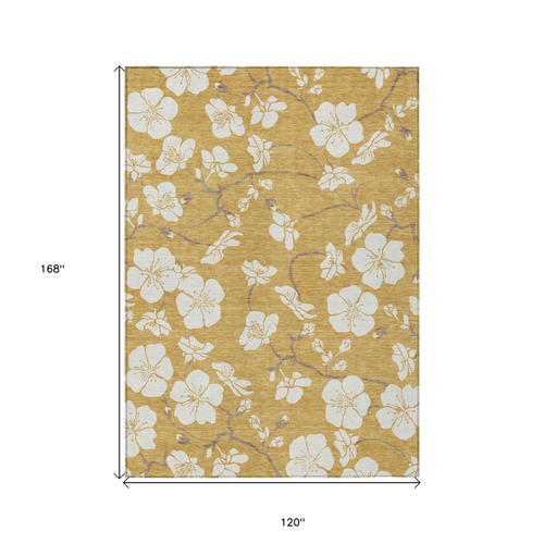 10' X 14' Gold Ivory And Brown Floral Washable Indoor Outdoor Area Rug