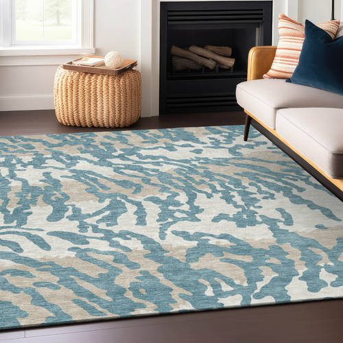 9' X 12' Teal Blue Beige And Ivory Animal Print Washable Indoor Outdoor Area Rug