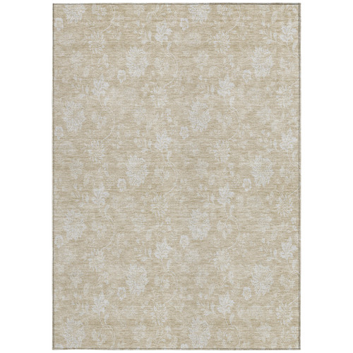 9' X 12' Beige Tan And Ivory Floral Washable Indoor Outdoor Area Rug