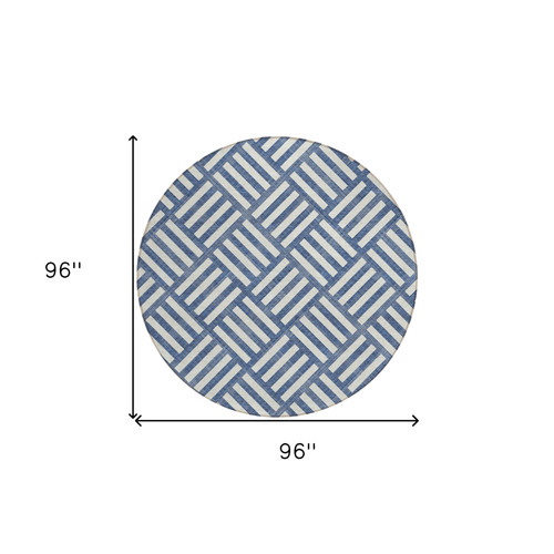 8' Navy Blue And Ivory Round Geometric Washable Indoor Outdoor Area Rug