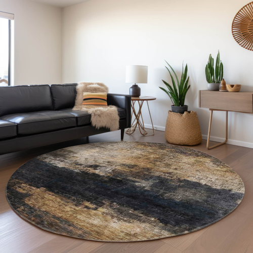8' Charcoal Tan And Beige Round Abstract Washable Indoor Outdoor Area Rug