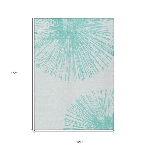 10' X 14' Aquamarine And Ivory Abstract Washable Indoor Outdoor Area Rug